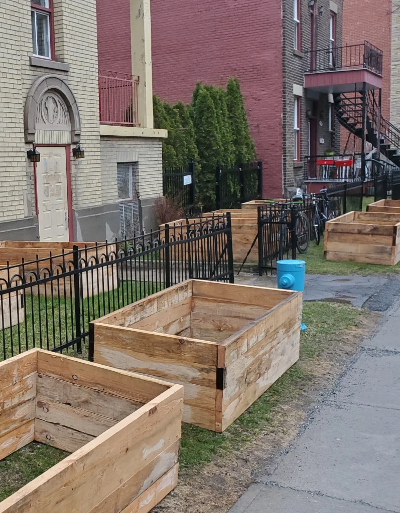 Assemblage de bacs en bois vides attendant la terre près d’une clôture à Montréal