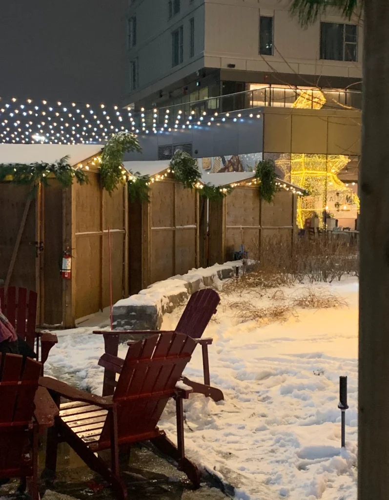 Arrière des maisonnettes avec guirlandes lumineuses au-dessus de la zone détente.